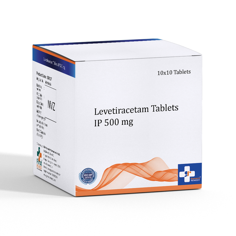 Box of Levetiracetam tablets 500mg front image
