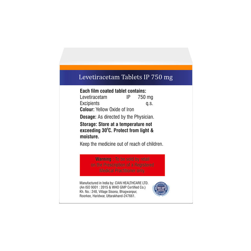 Box of Levetiracetam tablets 750mg composition image