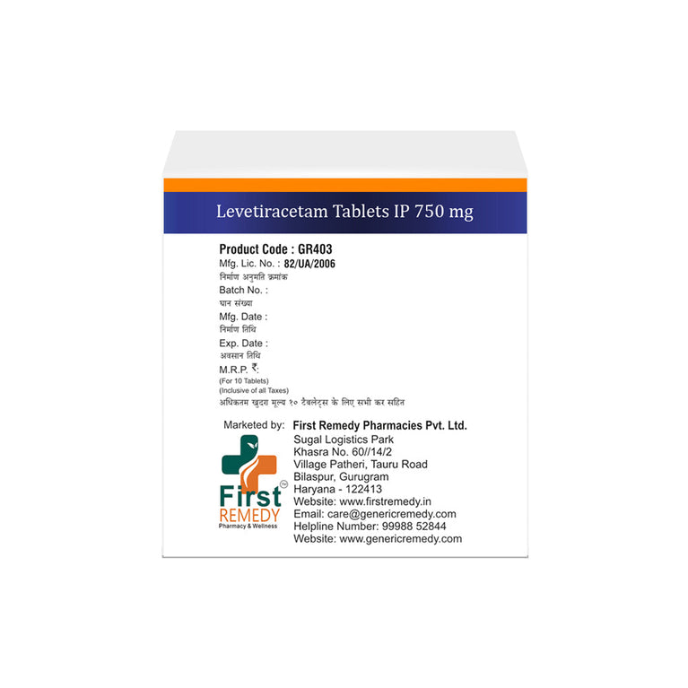 Box of Levetiracetam tablets 750mg back image