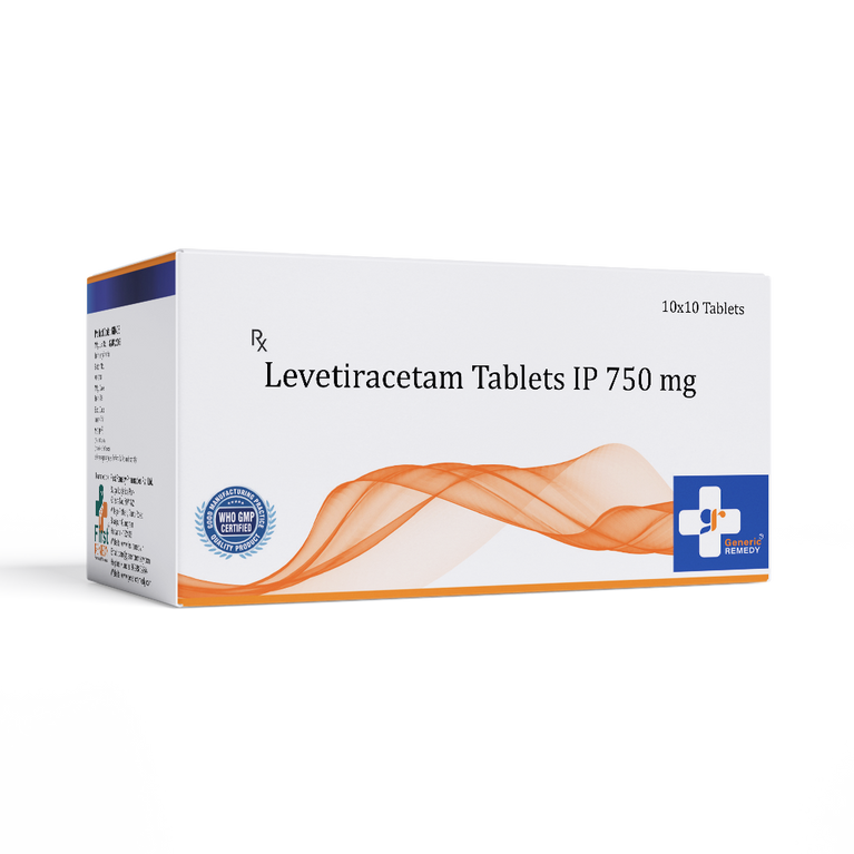Box of Levetiracetam tablets 750mg front image 