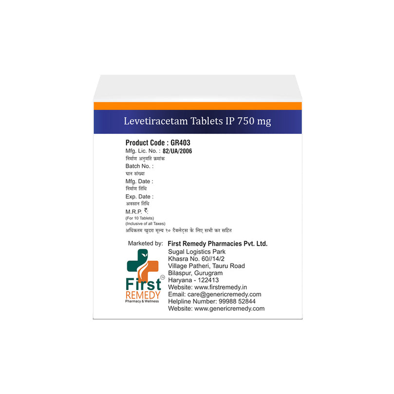 Box of Levetiracetam tablets 750mg back image