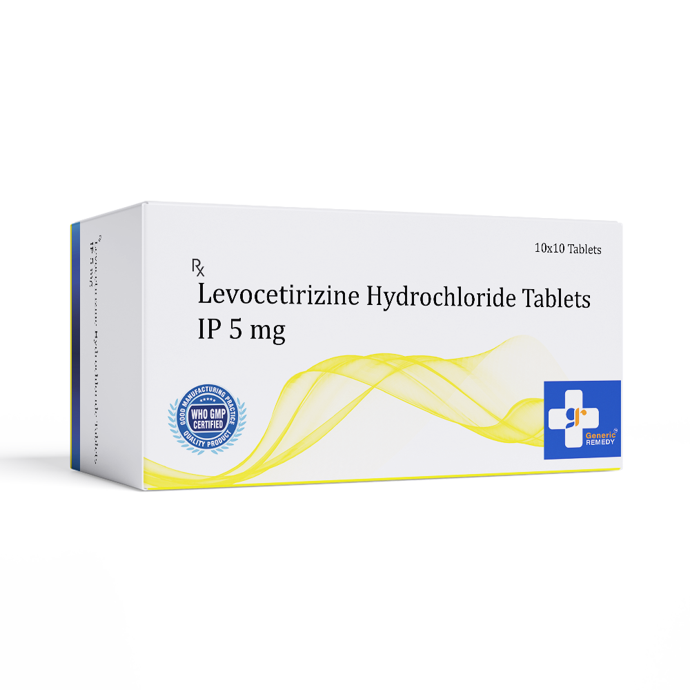 Box of Levocetirizine Hydrochloride tablets 5mg front image