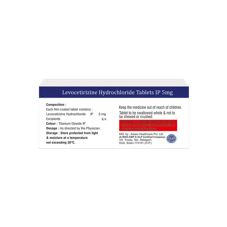 Box of Levocetirizine tablets 5mg composition image