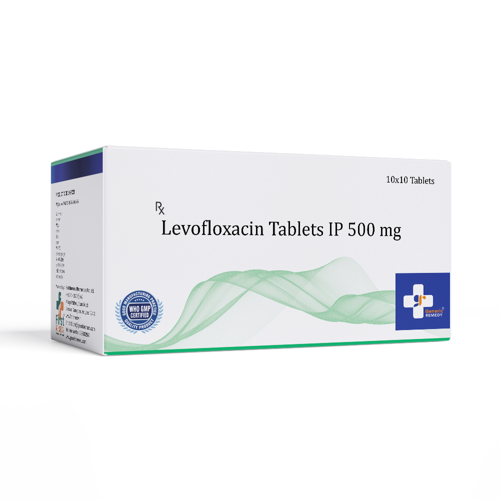 Box of Levofloxacin tablets 500mg front image