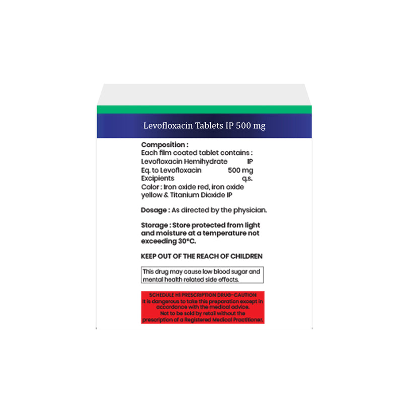 Box of Levofloxacin tablets 500mg composition image
