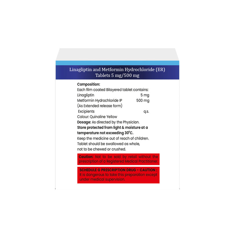 Box of Linagliptin & Metformin ER 5mg/500mg tablets composition image