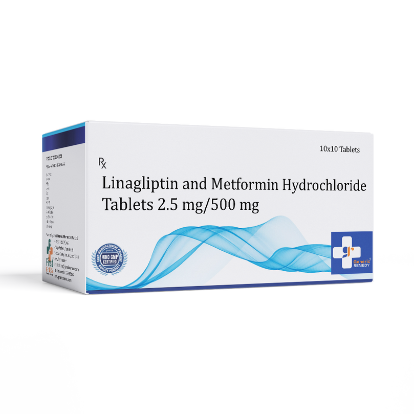 Box of Linagliptin & Metformin Hydrochloride tablets 2.5/500mg front image