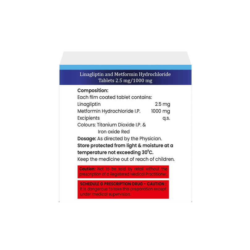 Box of Linagliptin & Metformin tablets 2.5mg/1000mg composition image