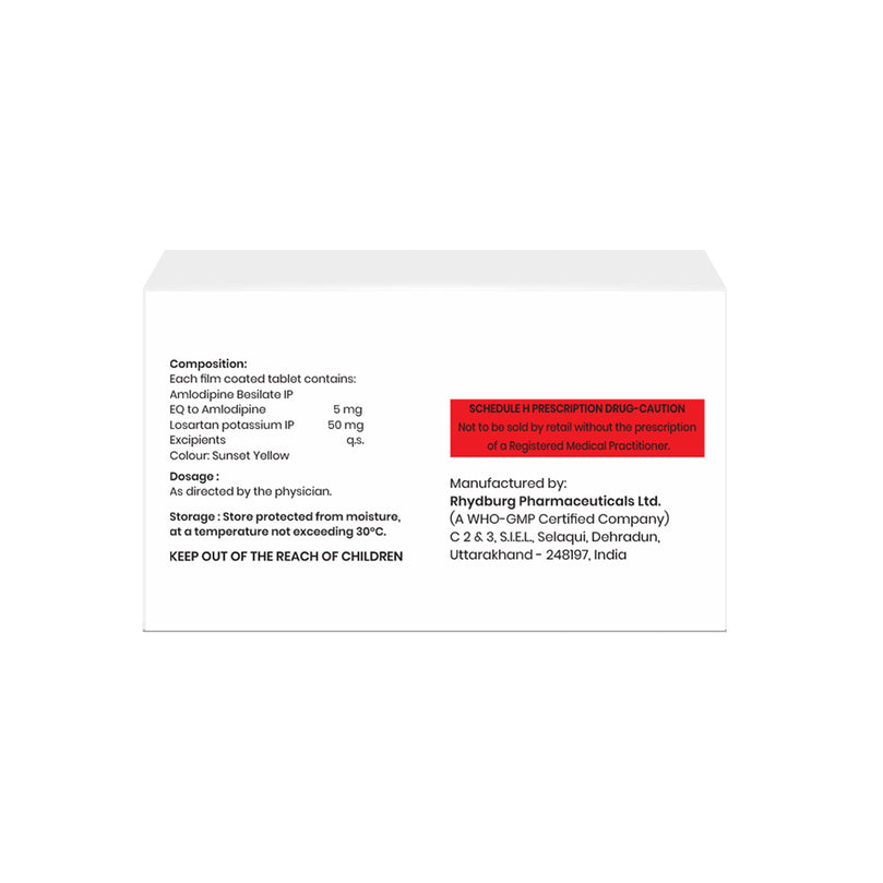 Box of Losartan & Amlodipine tablets 50mg/5mg composition image