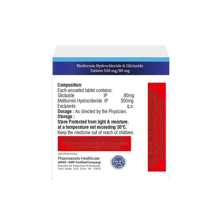 Box of Metformin & Gliclazide tablets 500mg/80mg composition image