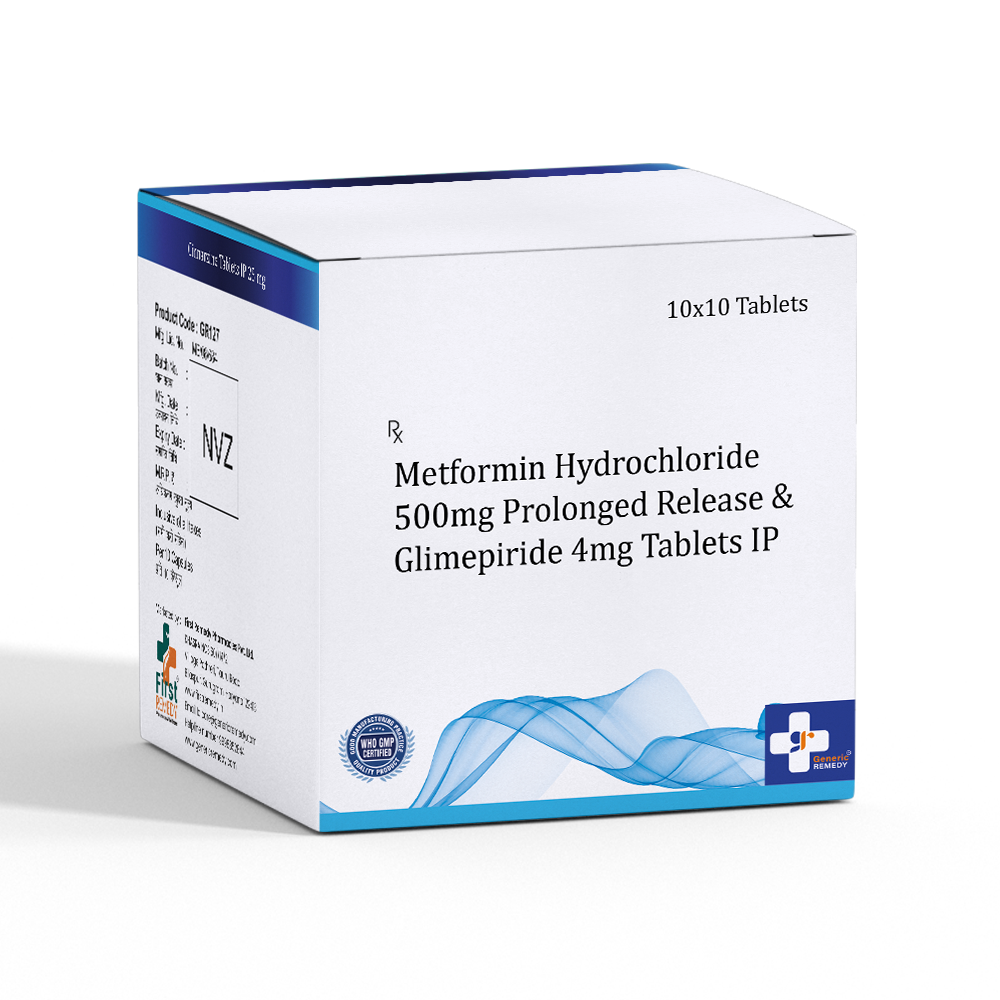 Box of Metformin Hydrochloride 500mg Prolonged Release & Glimepiride 3 mg tablets front image