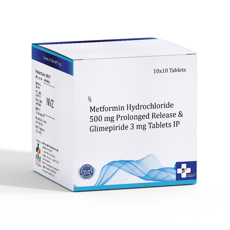 Box of Metformin Hydrochloride 500mg Prolonged Release & Glimepiride 3 mg tablets front image