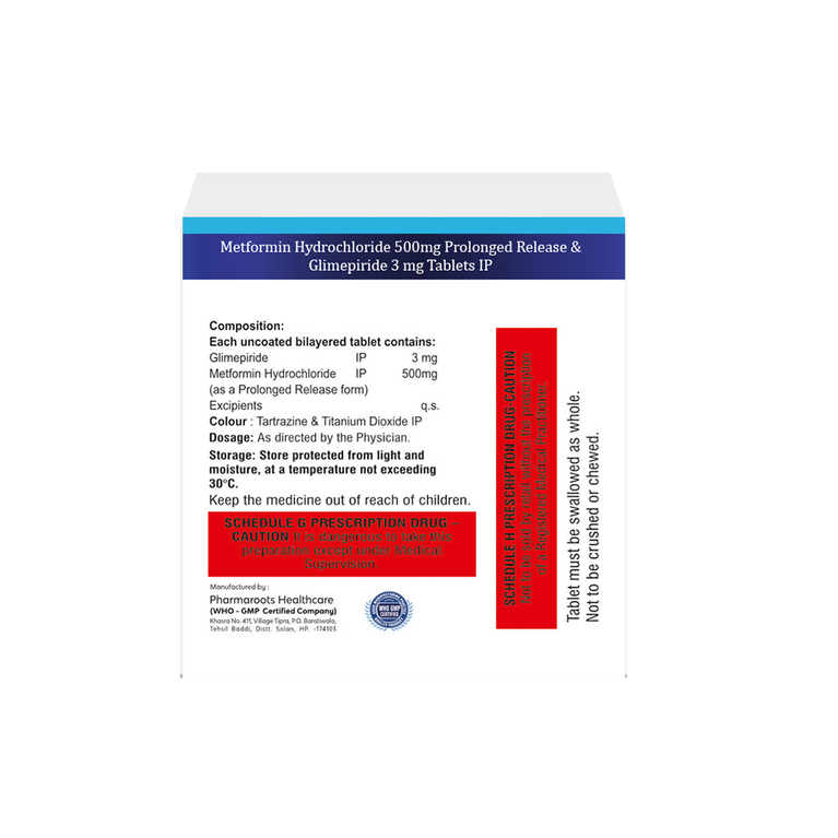 Box of Metformin Hydrochloride 500mg Prolonged Release & Glimepiride 3 mg tablets composition image