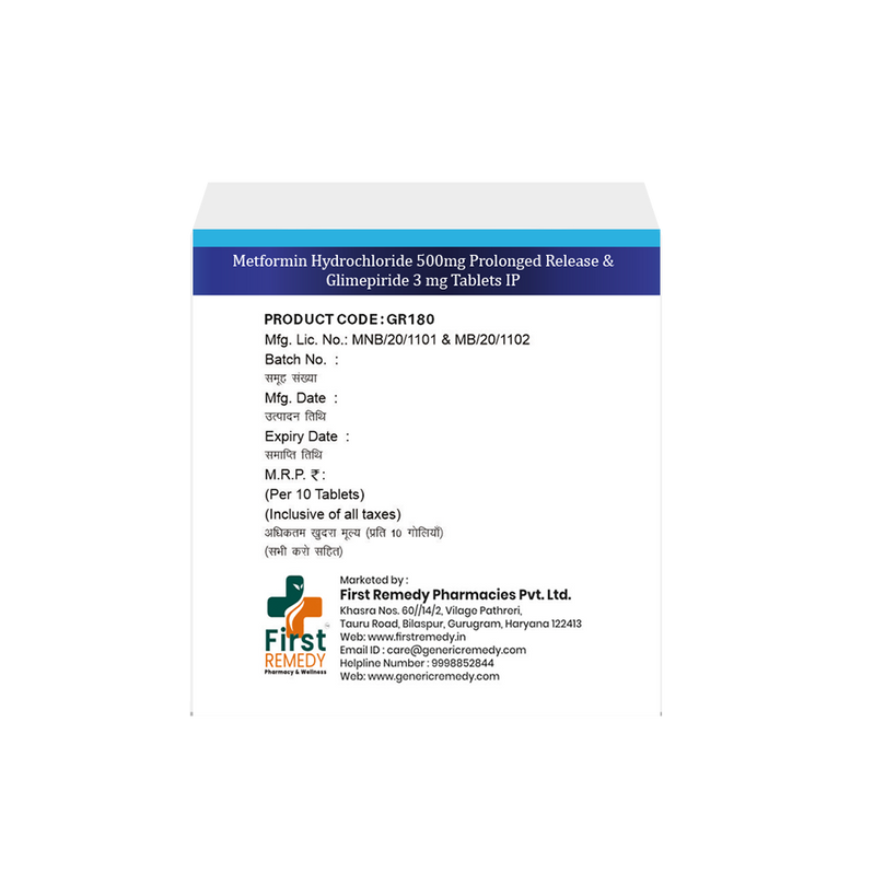 Box of Metformin Hydrochloride 500mg Prolonged Release & Glimepiride 3 mg tablets back image