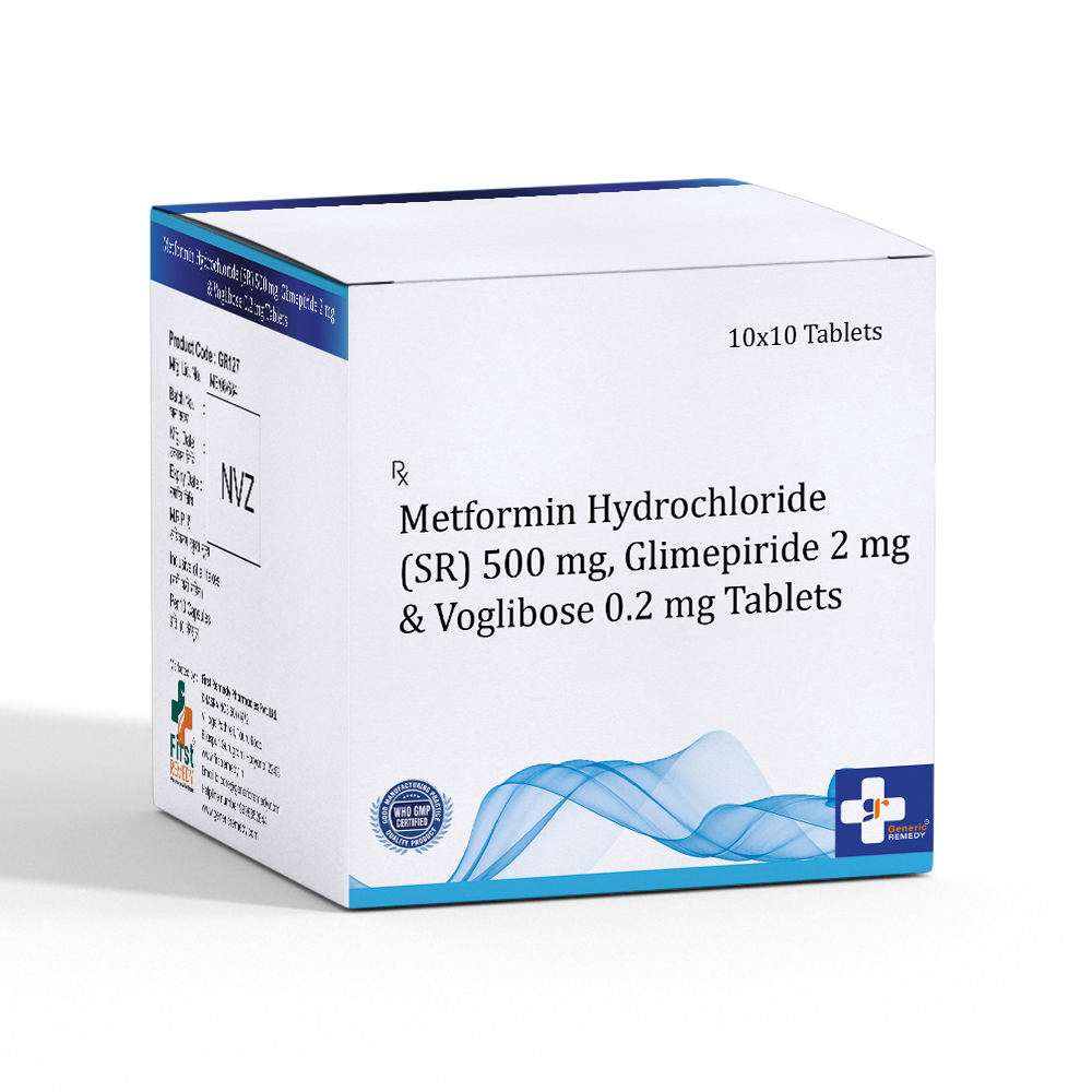 Box of Metformin Hydrochloride SR 500mg, Glimepiride 2mg & Voglibose 0.2 tablets front image