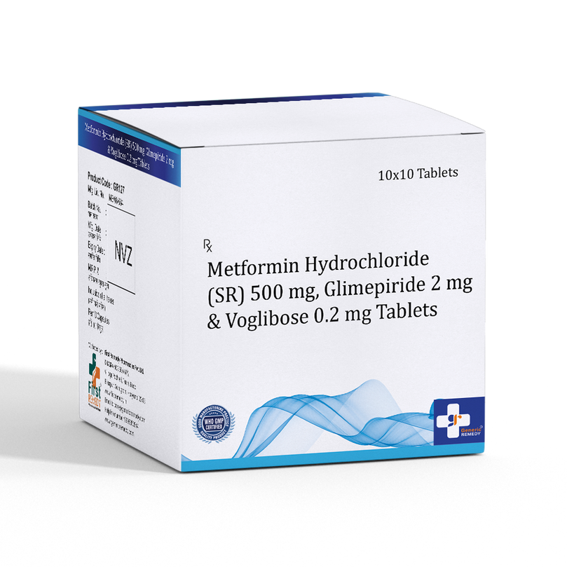 Box of Metformin Hydrochloride SR 500mg, Glimepiride 2mg & Voglibose 0.2 tablets front image