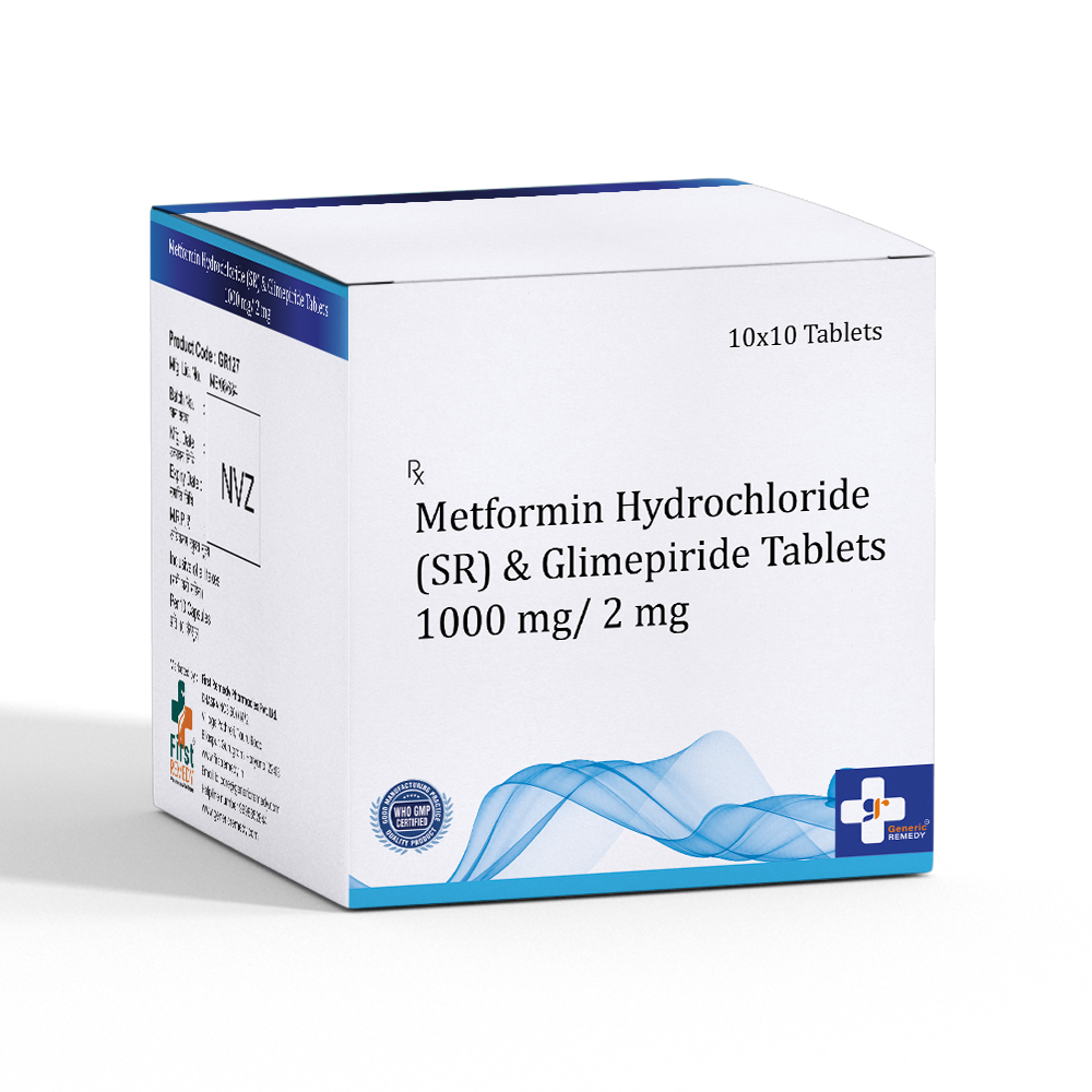 Box of Metformin Hydrochloride SR & Glimepiride tablets 1000mg/2mg front image