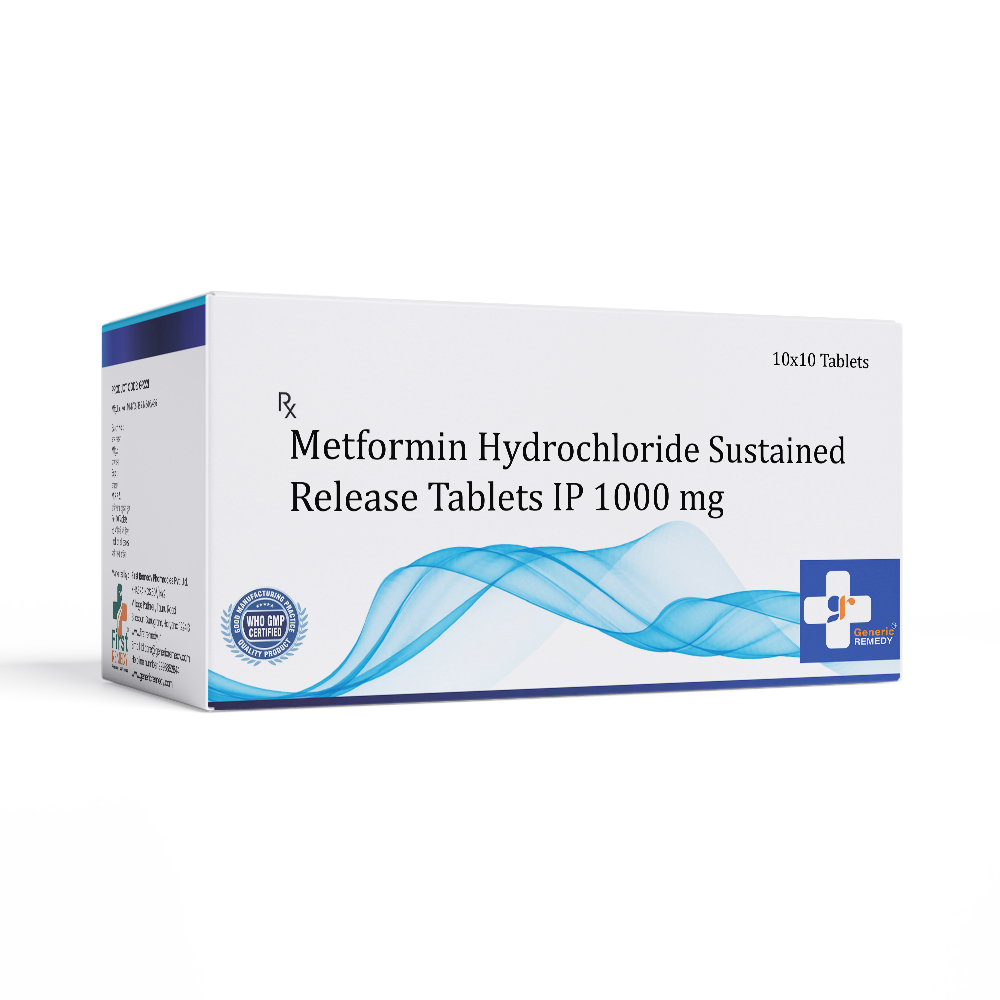 Box of Metformin Hydrochloride Sustained Release tablets 1000mg front image