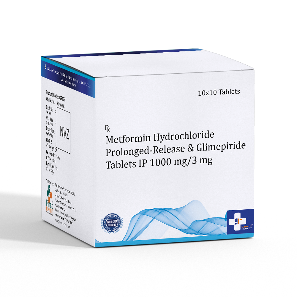 Box of Metformin PR & Glimepiride tablets 1000mg/3mg front image