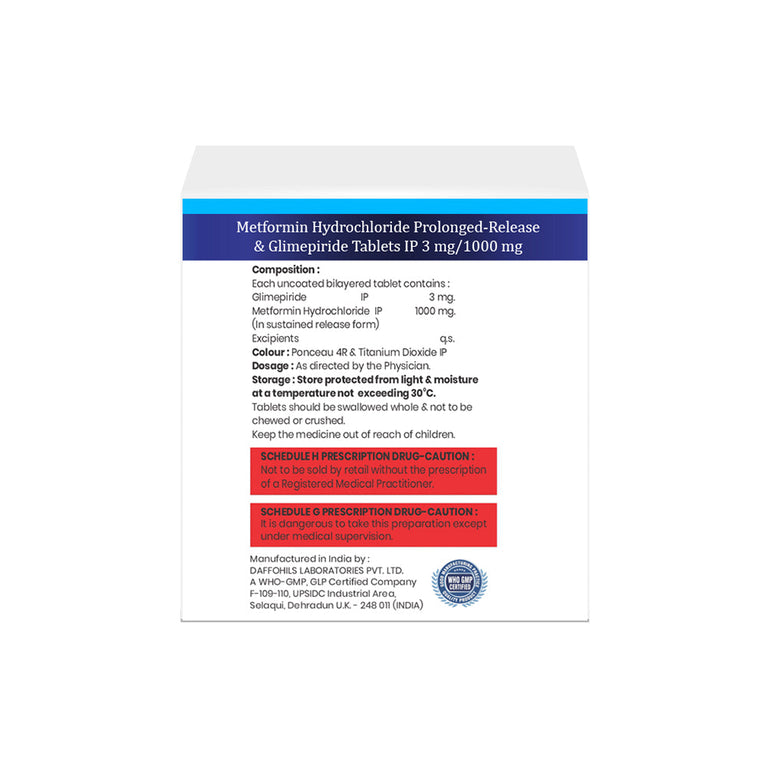 Box of Metformin PR & Glimepiride tablets 1000mg/3mg composition image