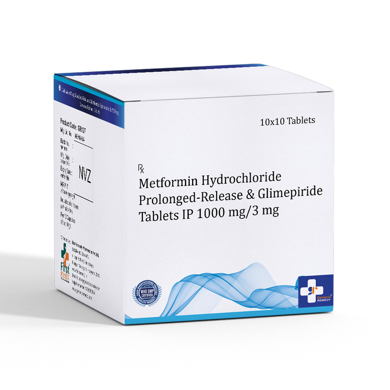 Box of Metformin PR & Glimepiride tablets 1000mg/3mg front image