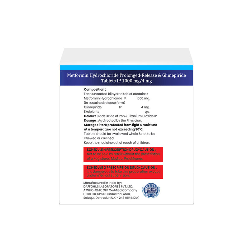Box of Metformin PR & Glimepiride tablets 1000mg/4mg composition image