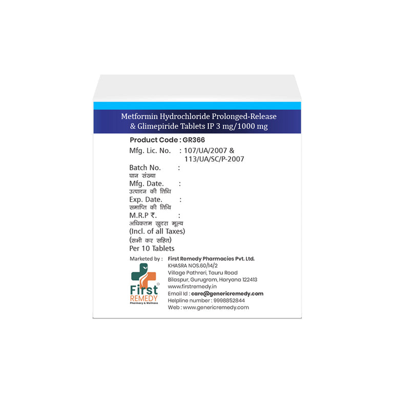 Box of Metformin PR & Glimepiride tablets 1000mg/3mg back image