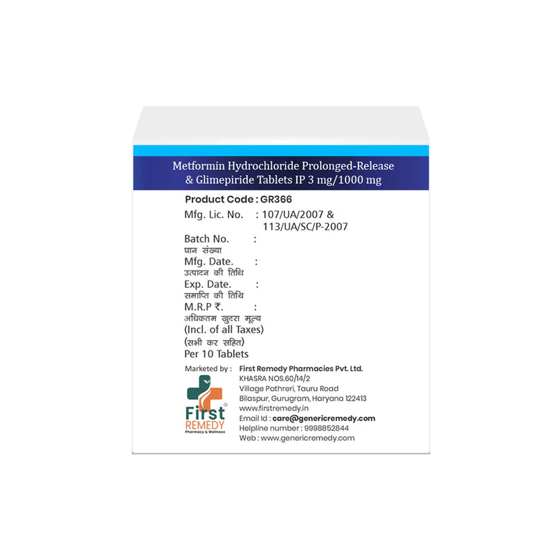 Box of Metformin PR & Glimepiride tablets 1000mg/3mg back image