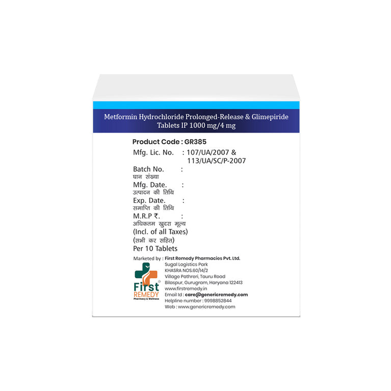Box of Metformin PR & Glimepiride tablets 1000mg/4mg back image
