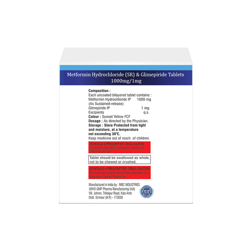 Box of Metformin SR & Glimepiride tablets 1000mg/1mg composition image
