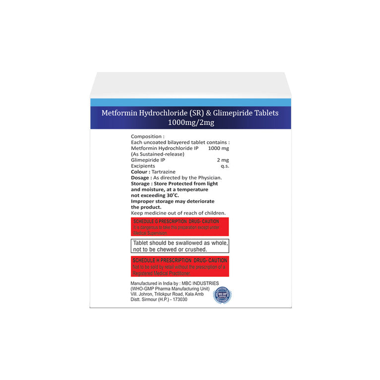 Box of Metformin SR & Glimepiride tablets 1000mg/2mg composition images