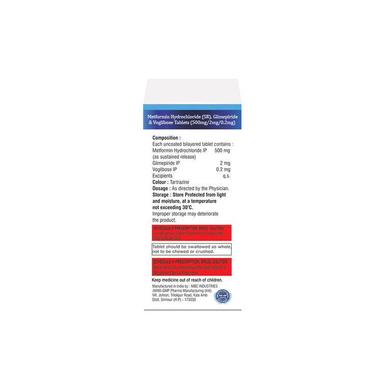 Box of Metformin SR, Glimepiride & Voglibose tablets 500mg/2mg/0.2mg composition image