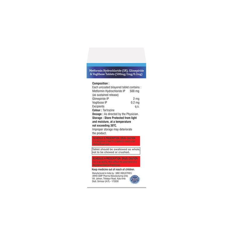 Box of Metformin SR, Glimepiride & Voglibose tablets 500mg/2mg/0.2mg composition image
