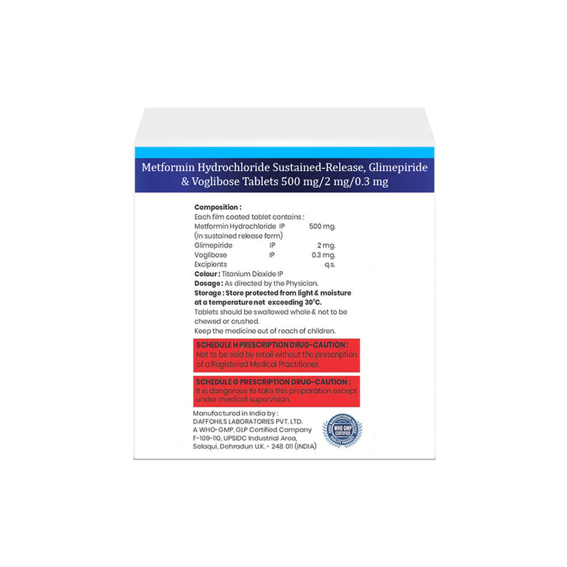 Box of Metformin SR, Glimepiride & Voglibose tablets 500mg/2mg/0.3mg composition image