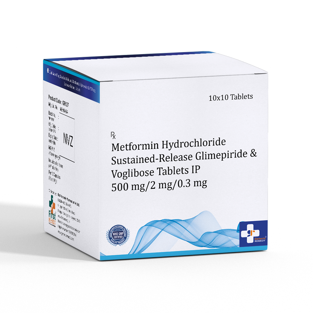 Box of Metformin SR, Glimepiride & Voglibose tablets 500mg/2mg/0.3mg front image