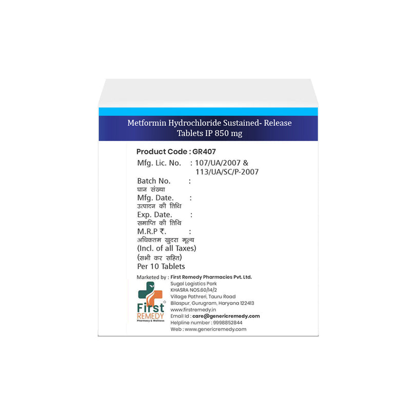 Box of Metformin SR tablets 850mg back image 