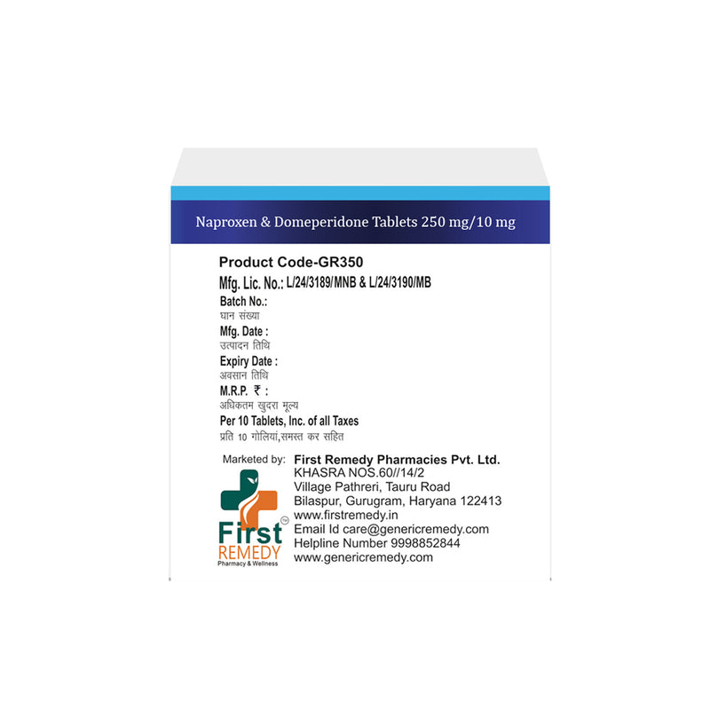 Box of Naproxen & Domperidone tablets 250 mg/ 10 mg back image