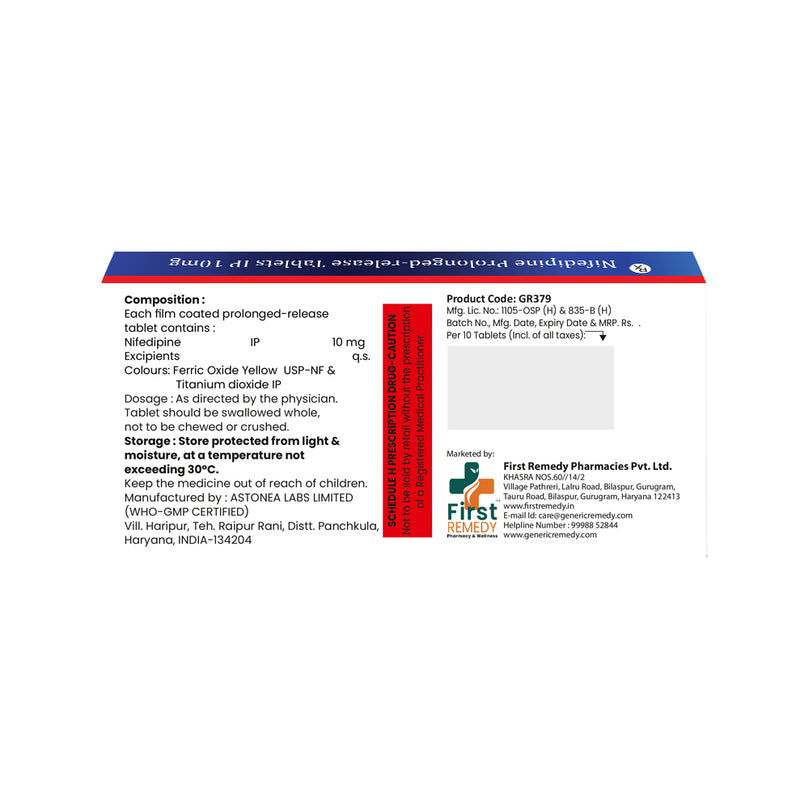 Box of Nifedipine tablets 10mg composition image