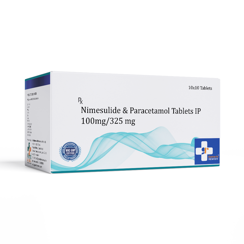 Box of Nimesulide & Paracetamol tablets 100mg/325mg front image