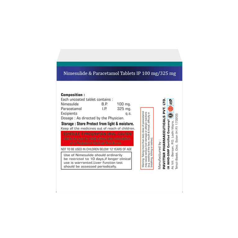 Box of Nimesulide & Paracetamol tablets 100mg/325mg composition image
