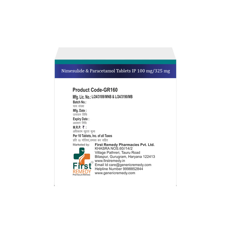 Box of Nimesulide & Paracetamol tablets 100mg/325mg back image