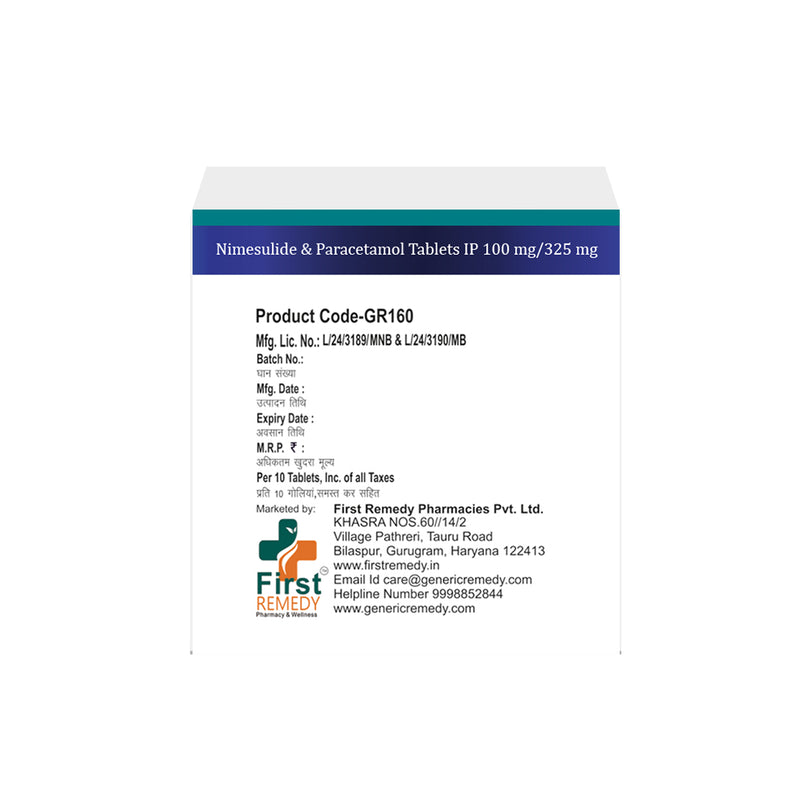 Box of Nimesulide & Paracetamol tablets 100mg/325mg back image