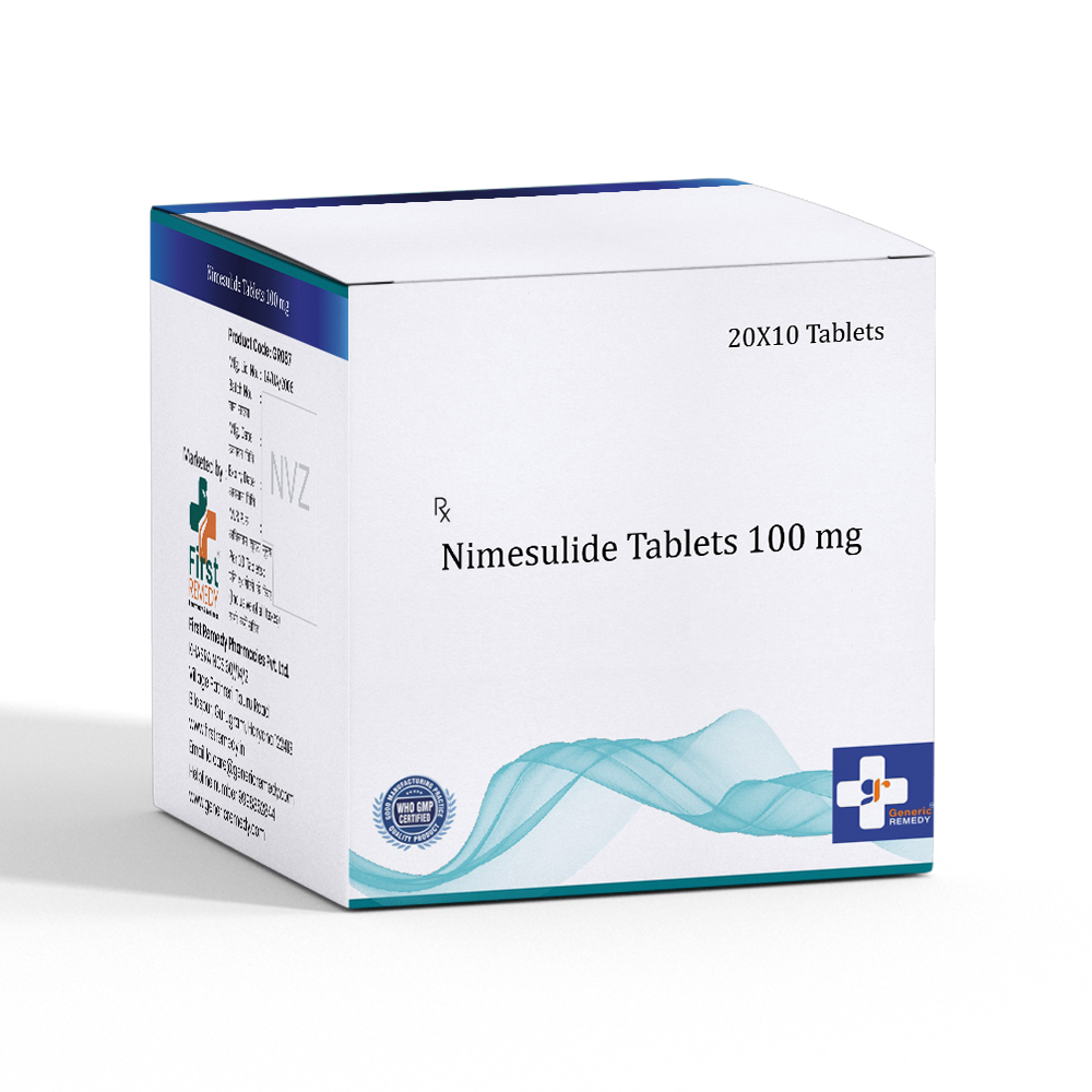 Box of Nimesulide tablets 100mg front image