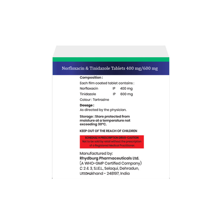 Box of Norfloxacin & Tinidazole tablets 400mg/600mg composition image
