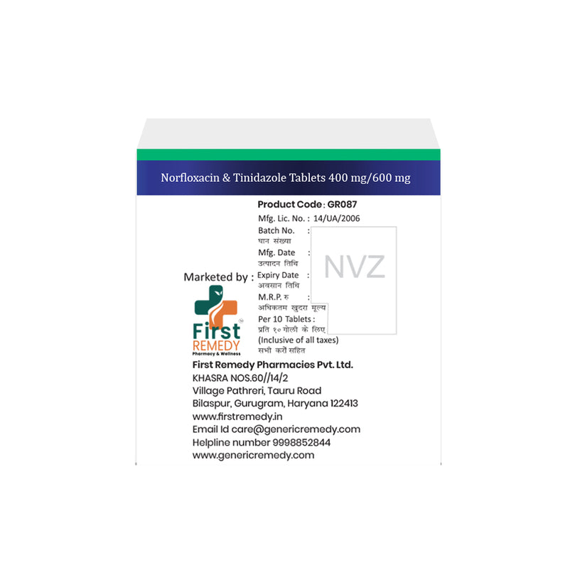 Box of Norfloxacin & Tinidazole tablets 400mg/600mg back image
