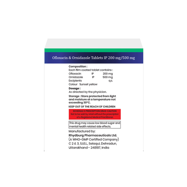 Box of Ofloxacin & Ornidazole tablets 200mg/500mg composition image