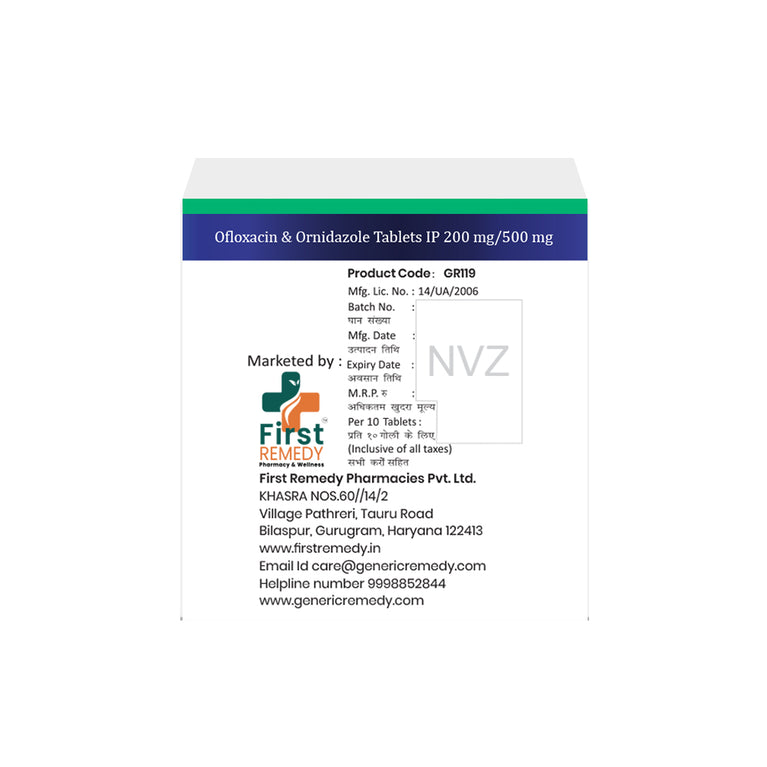 Box of Ofloxacin & Ornidazole tablets 200mg/500mg back image