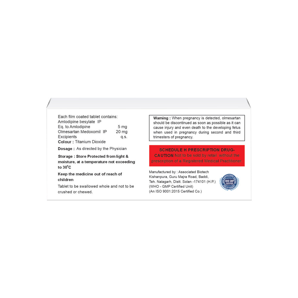 Box of Olmesartan 20mg & Amlodipine 5mg tablets composition image