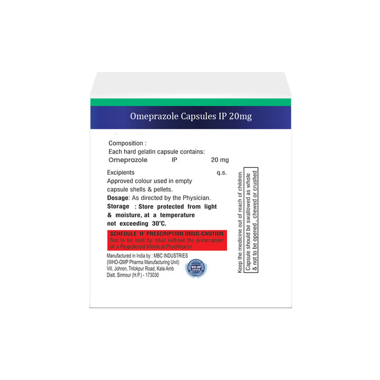 Box of Omeprazole capsules 20mg composition image