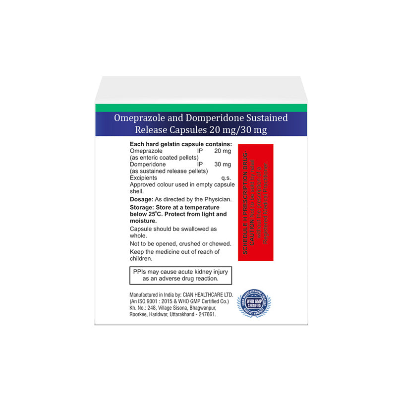 Box of Omeprazole & Domperidone SR capsules 20mg/30mg composition image
